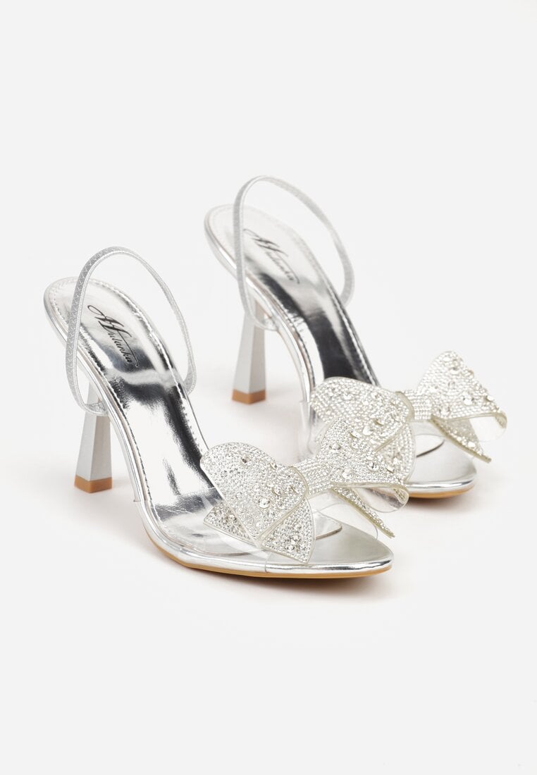 Srebrne Transparentne Sandały na Klepsydrowej Szpilce z Kokardą i Cyrkoniami Feralia
