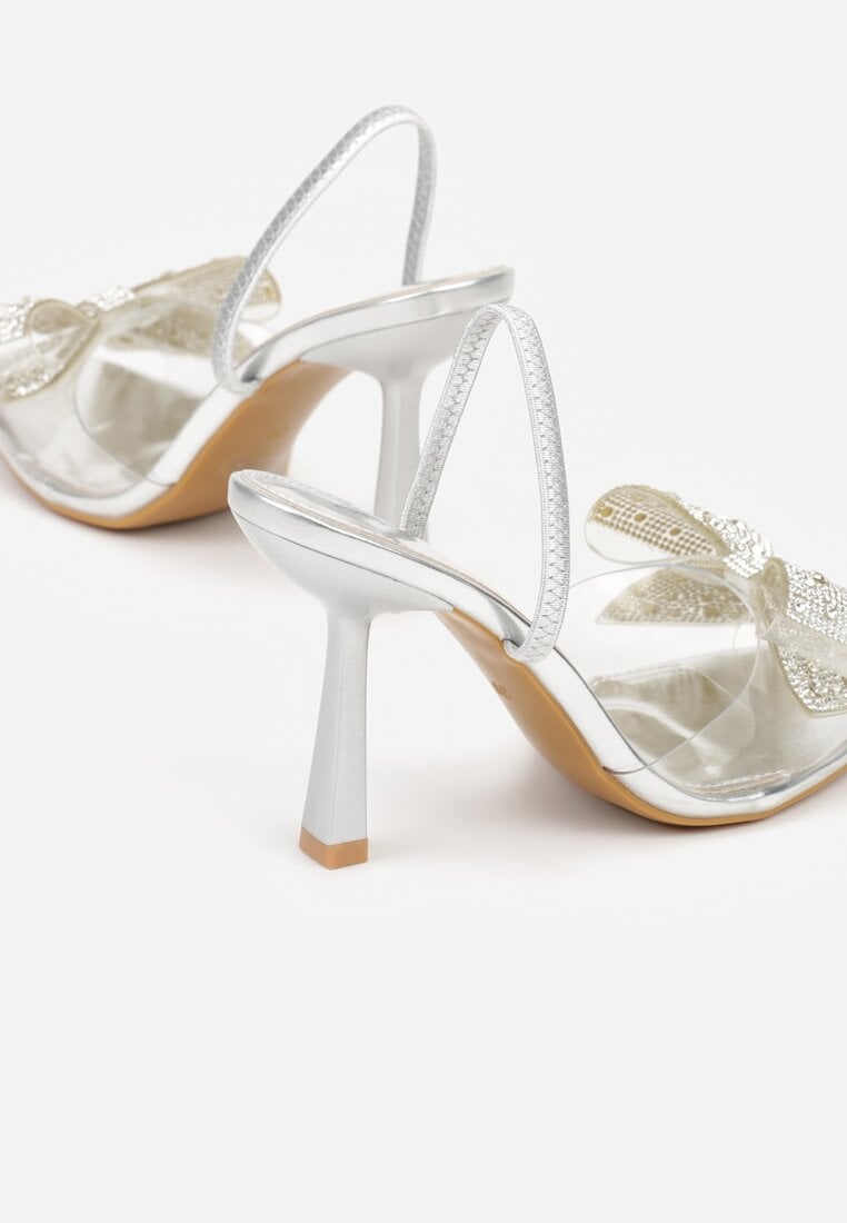 Srebrne Transparentne Sandały na Klepsydrowej Szpilce z Kokardą i Cyrkoniami Feralia