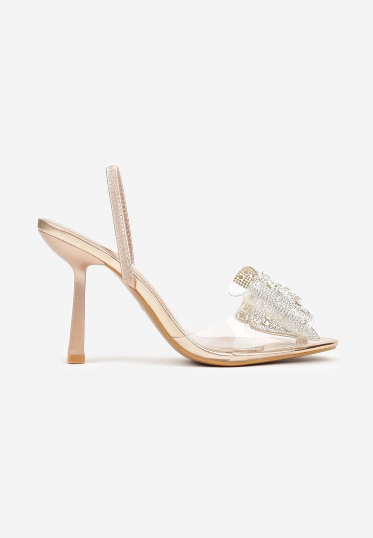 Szampańskie Transparentne Sandały na Klepsydrowej Szpilce z Kokardą i Cyrkoniami Feralia
