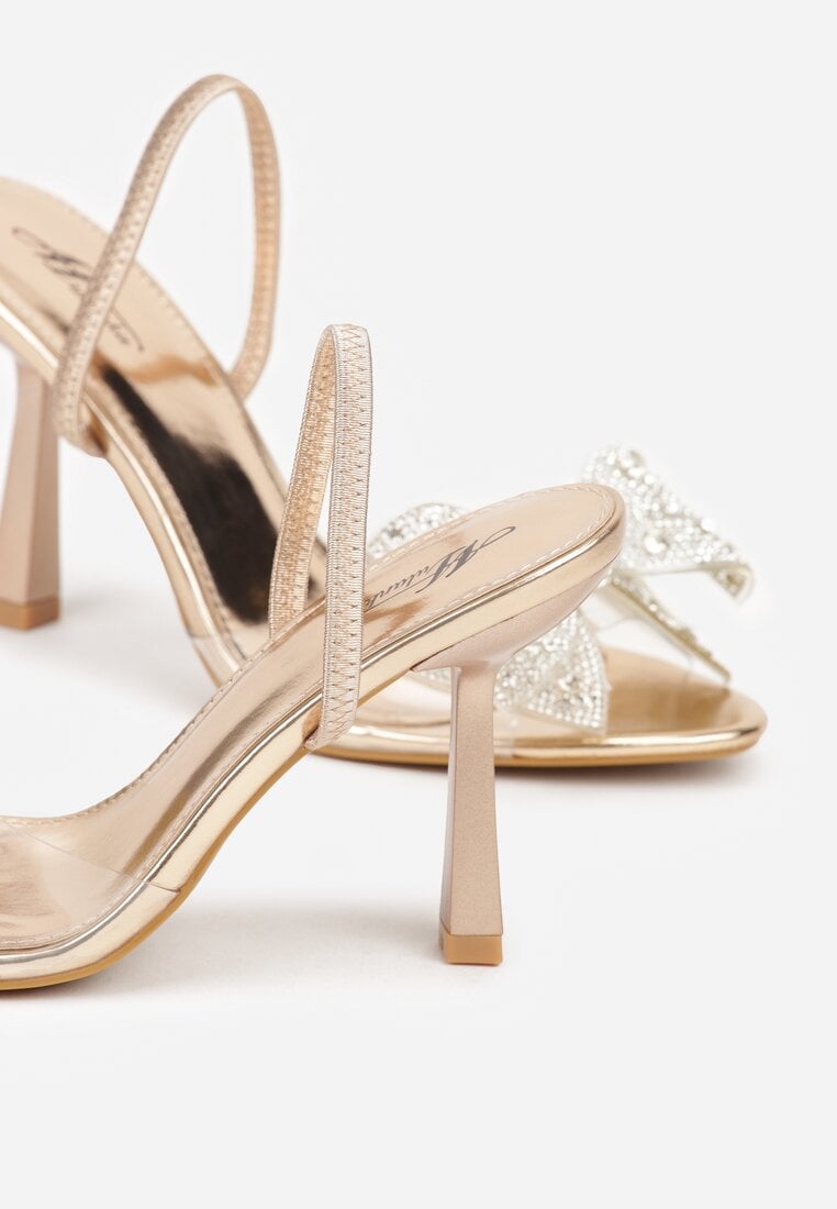 Szampańskie Transparentne Sandały na Klepsydrowej Szpilce z Kokardą i Cyrkoniami Feralia