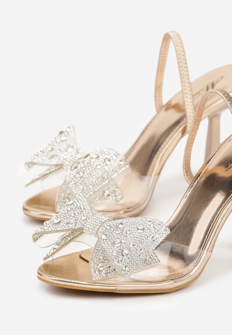 Szampańskie Transparentne Sandały na Klepsydrowej Szpilce z Kokardą i Cyrkoniami Feralia