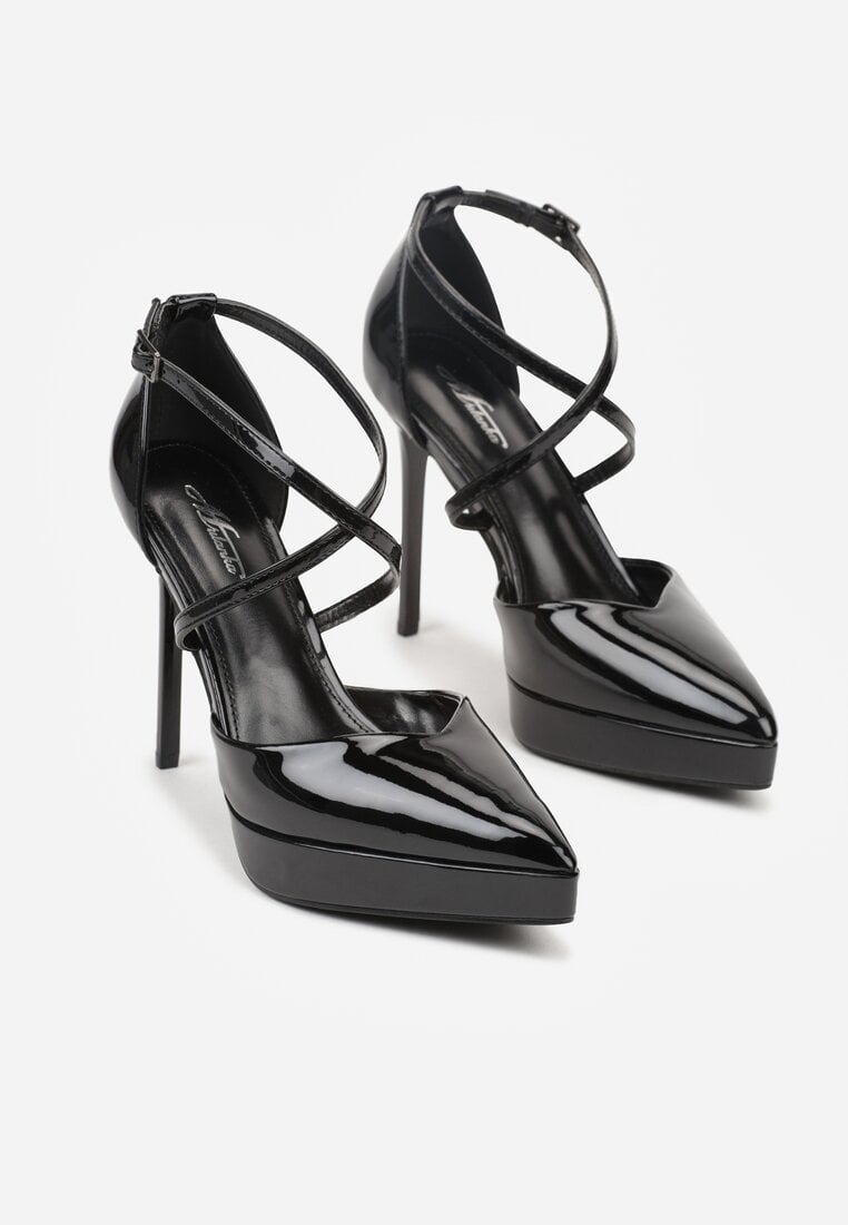 Czarne Szpilki z Platformą i Przeplatanymi Paskami Ferinela