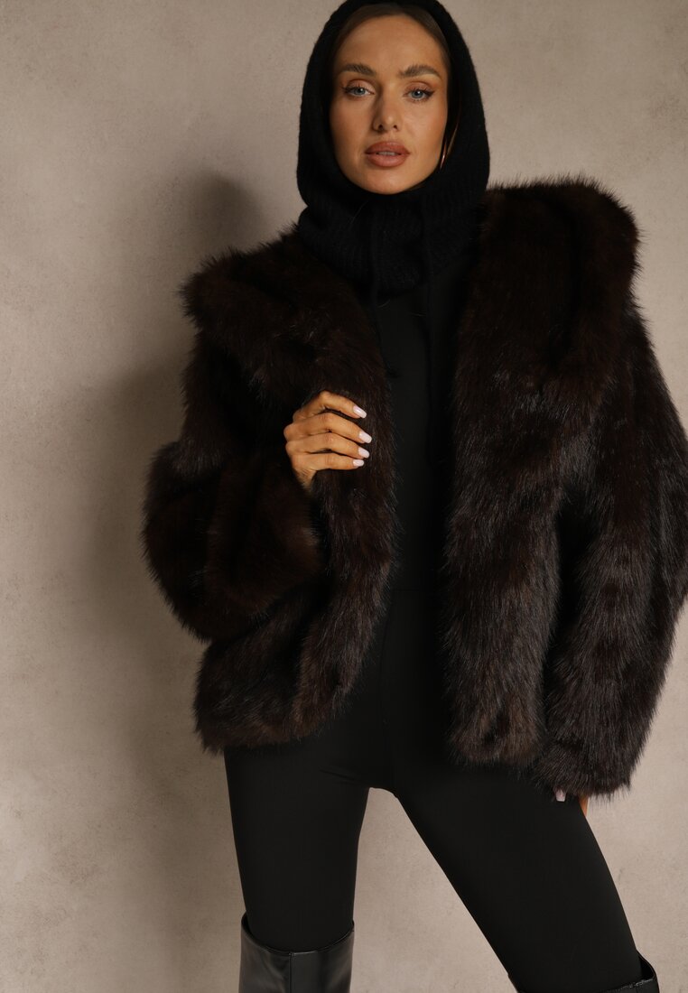 Brązowa Kurtka Futerko z Kapturem i Kieszeniami Zelafera