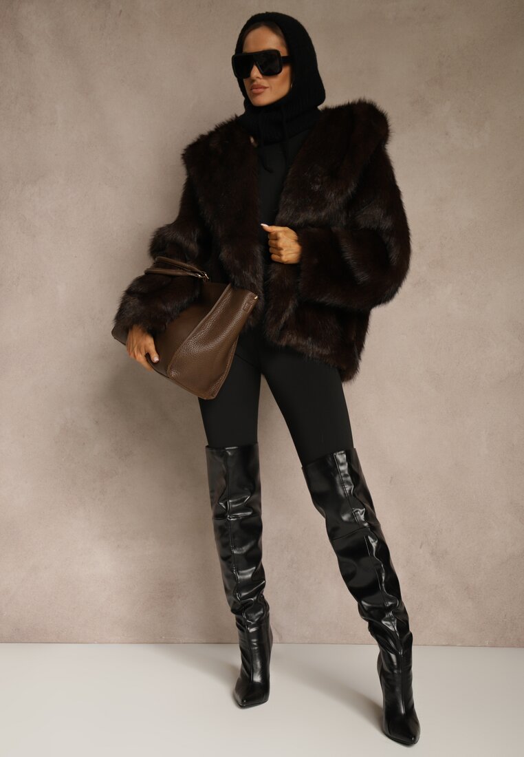 Brązowa Kurtka Futerko z Kapturem i Kieszeniami Zelafera