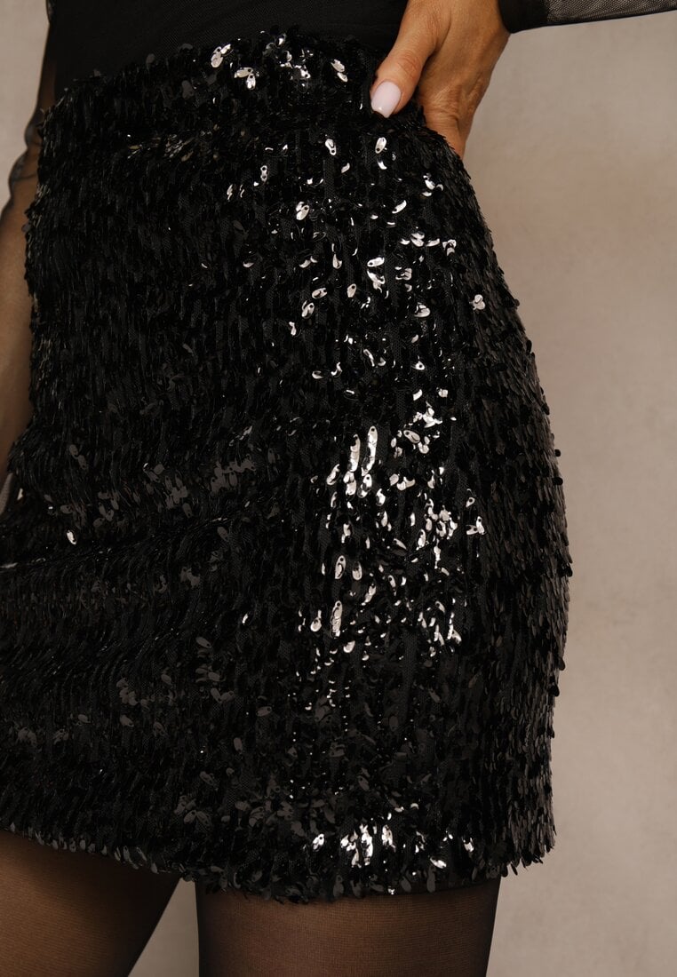 Czarna Cekinowa Dopasowana Spódnica Vetizine