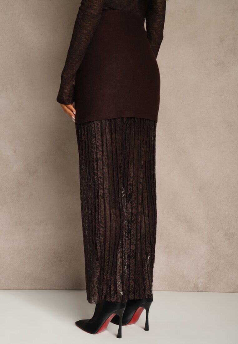 Brązowa Spódnica z Dzianiny z Wiskozą z Koronkowym Dołem Zdobiona Guzikami Sewune