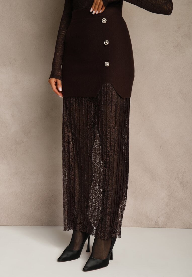 Brązowa Spódnica z Dzianiny z Wiskozą z Koronkowym Dołem Zdobiona Guzikami Sewune