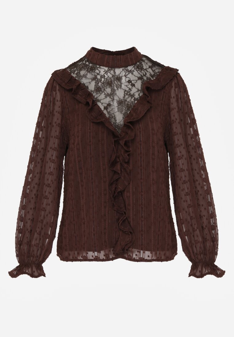 Brązowa Bluzka z Koronką i Falbankami Zdobiona Metalicznymi Przeszyciami Aliafera