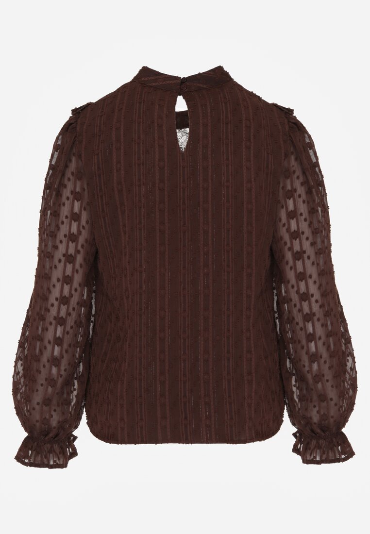 Brązowa Bluzka z Koronką i Falbankami Zdobiona Metalicznymi Przeszyciami Aliafera