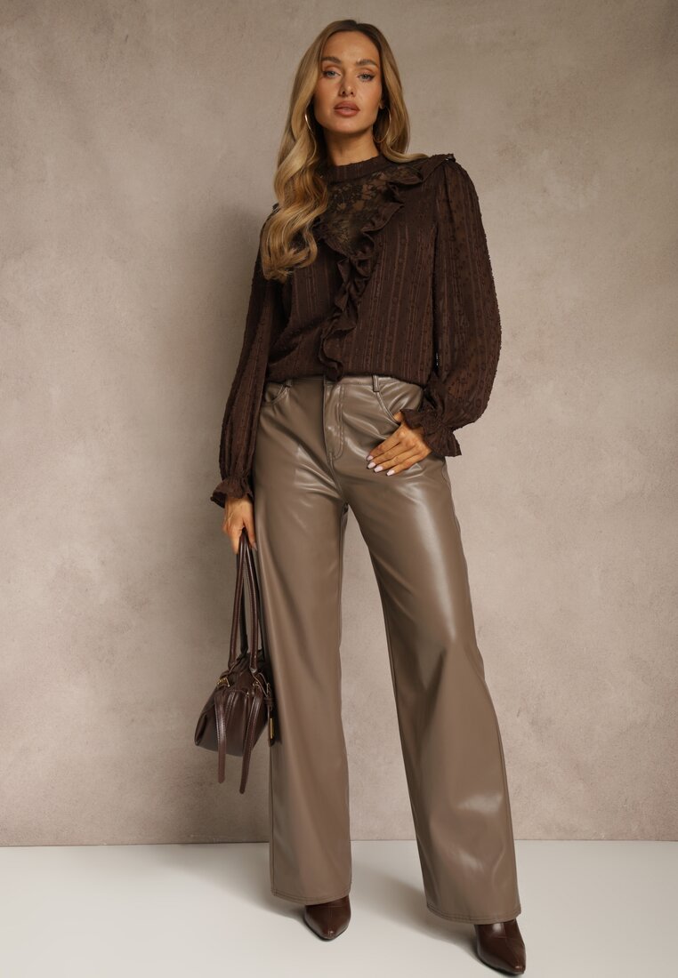 Brązowa Bluzka z Koronką i Falbankami Zdobiona Metalicznymi Przeszyciami Aliafera