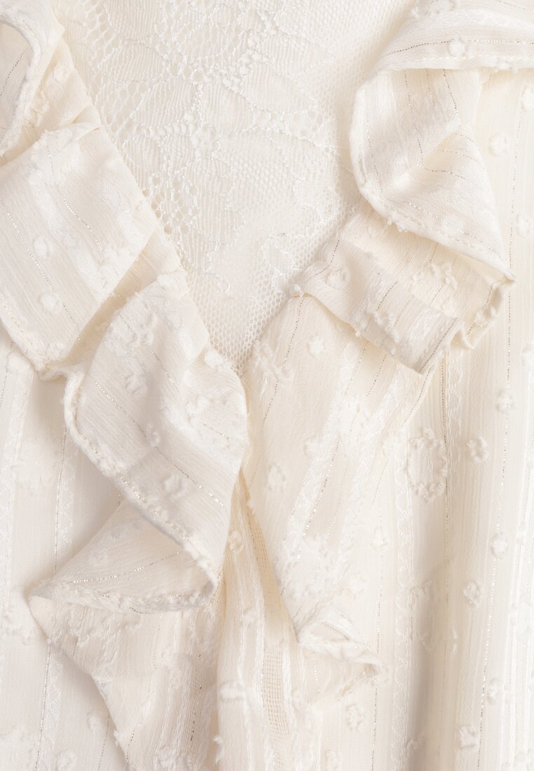 Beżowa Bluzka z Koronką i Falbankami Zdobiona Metalicznymi Przeszyciami Aliafera