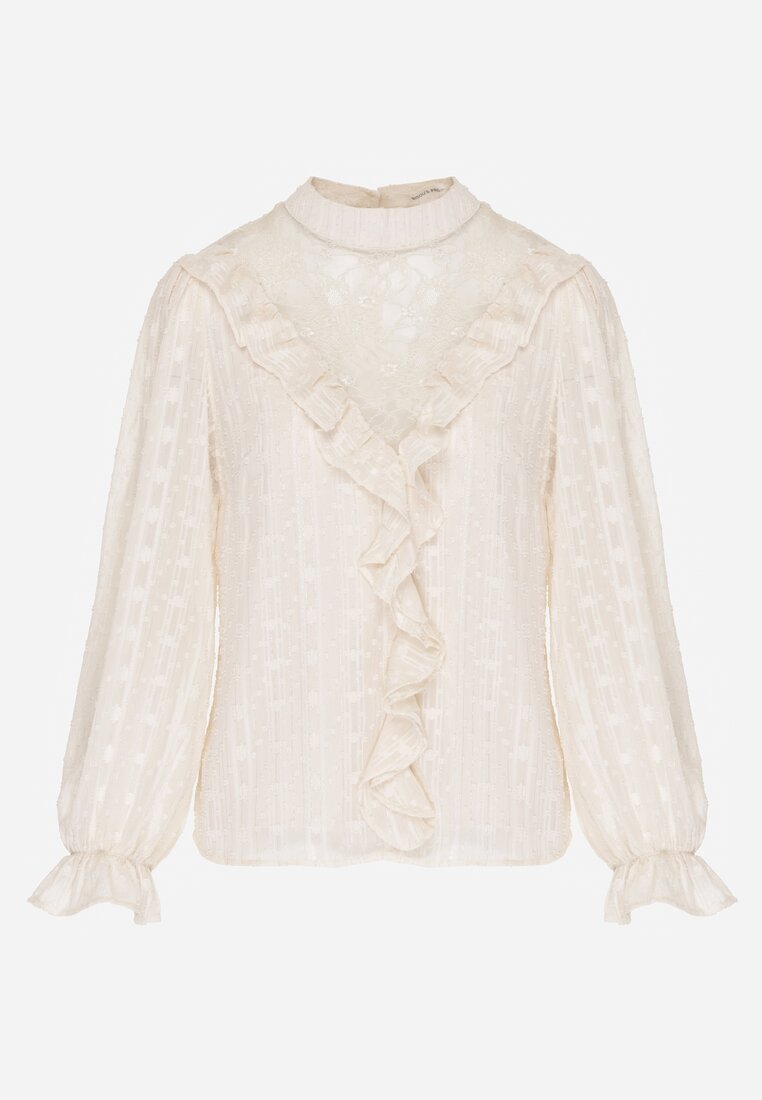 Beżowa Bluzka z Koronką i Falbankami Zdobiona Metalicznymi Przeszyciami Aliafera