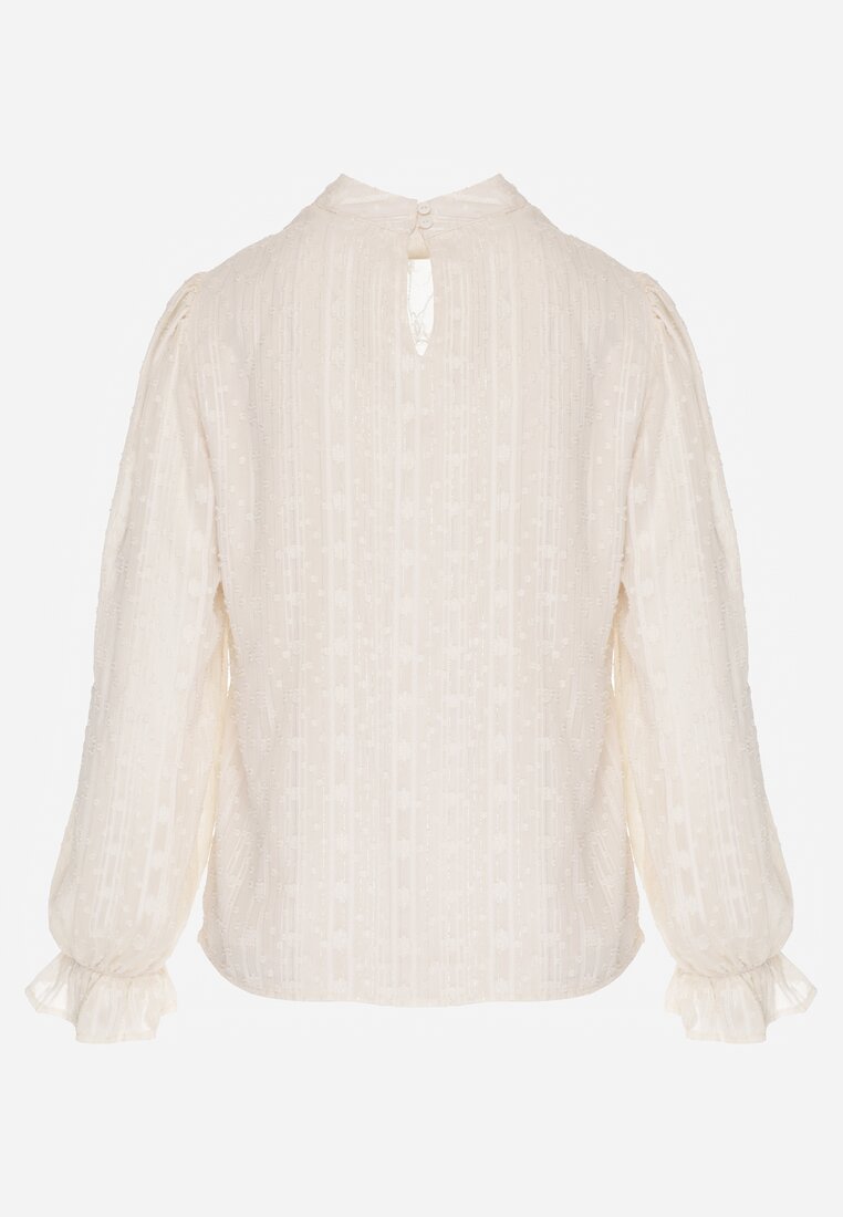 Beżowa Bluzka z Koronką i Falbankami Zdobiona Metalicznymi Przeszyciami Aliafera