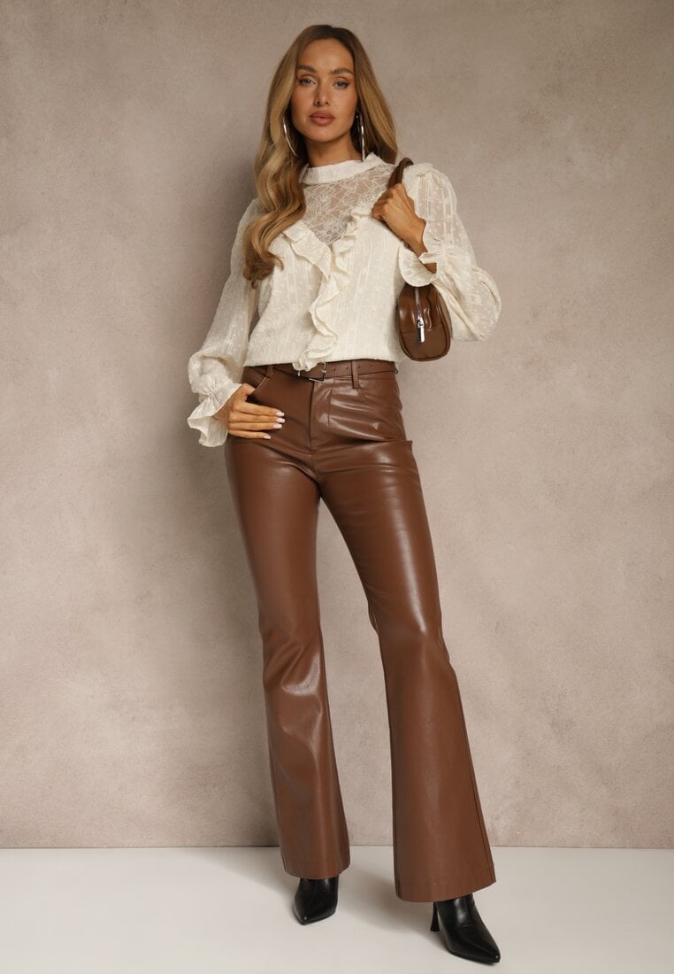 Beżowa Bluzka z Koronką i Falbankami Zdobiona Metalicznymi Przeszyciami Aliafera