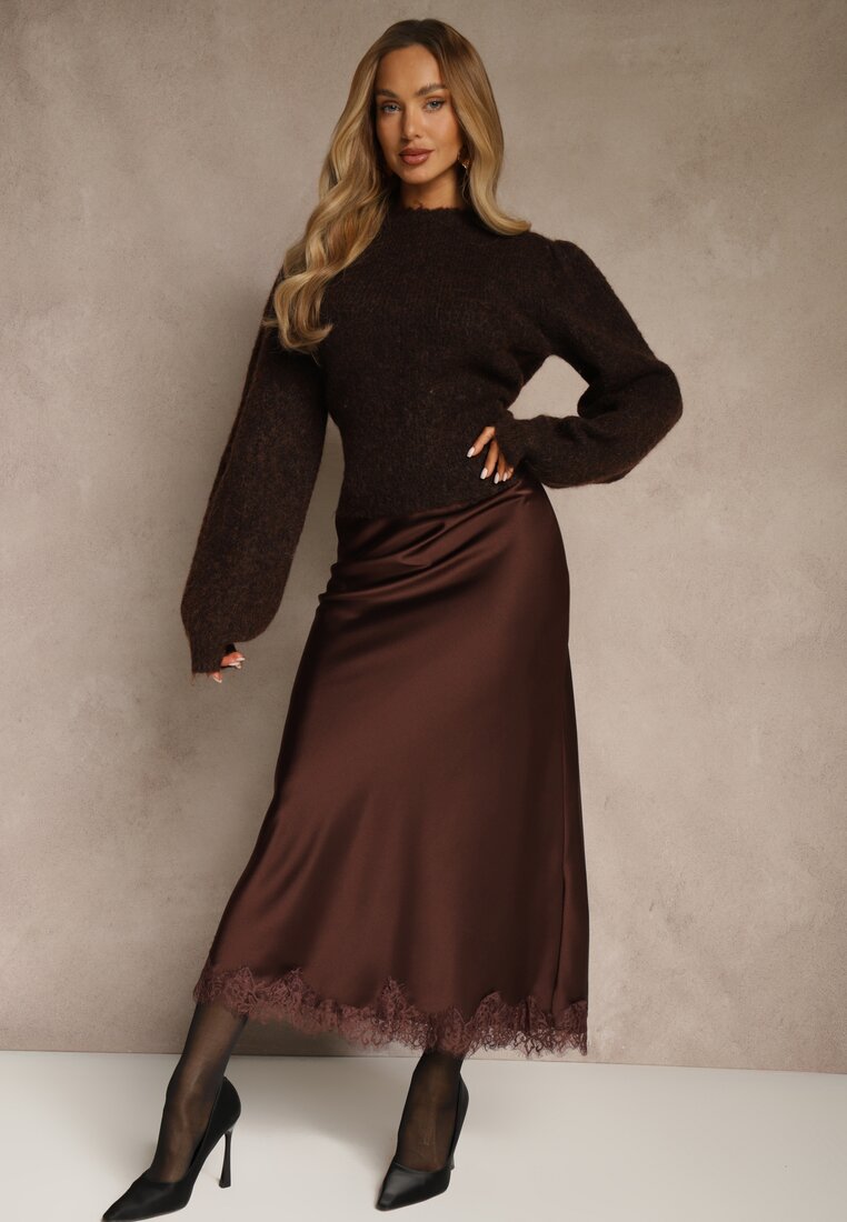 Brązowa Spódnica z Satyny Zdobiona Koronką Marefera