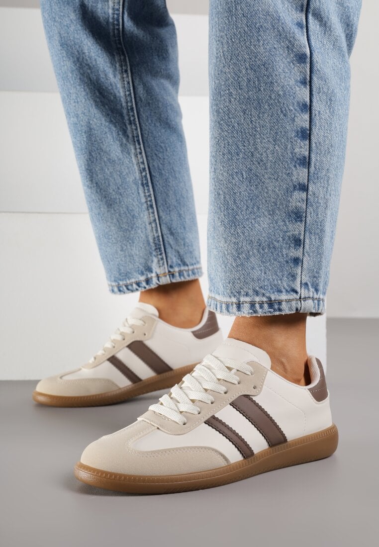 Ciemnobeżowe Casualowe Sneakersy na Płaskiej Podeszwie z Paskami Jereria