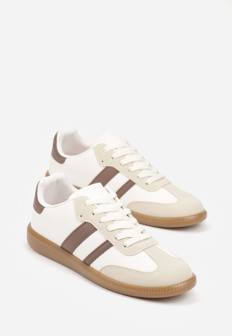 Ciemnobeżowe Casualowe Sneakersy na Płaskiej Podeszwie z Paskami Jereria