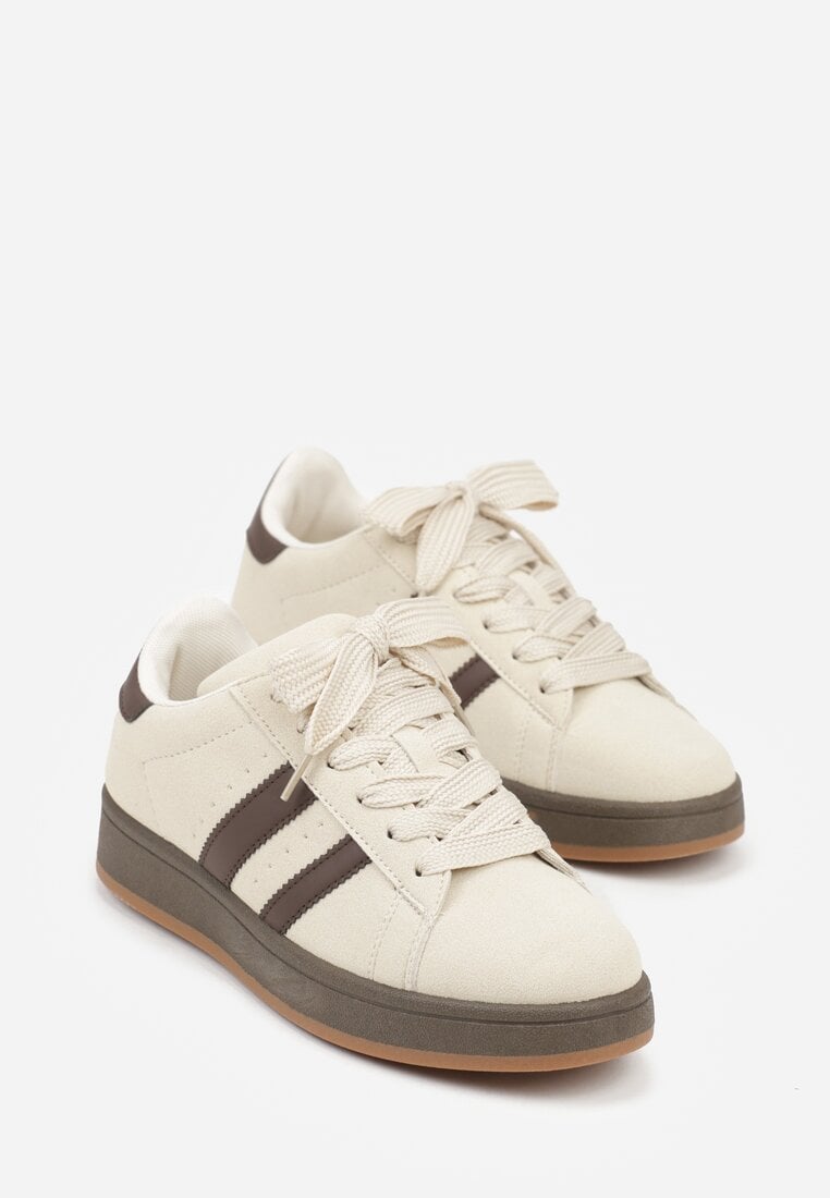 Beżowo-Brązowe Sneakersy Ozdobione Paskami Dolirenna