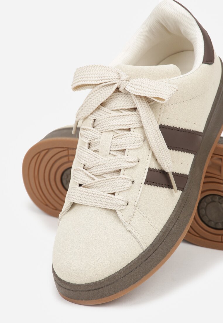 Beżowo-Brązowe Sneakersy Ozdobione Paskami Dolirenna