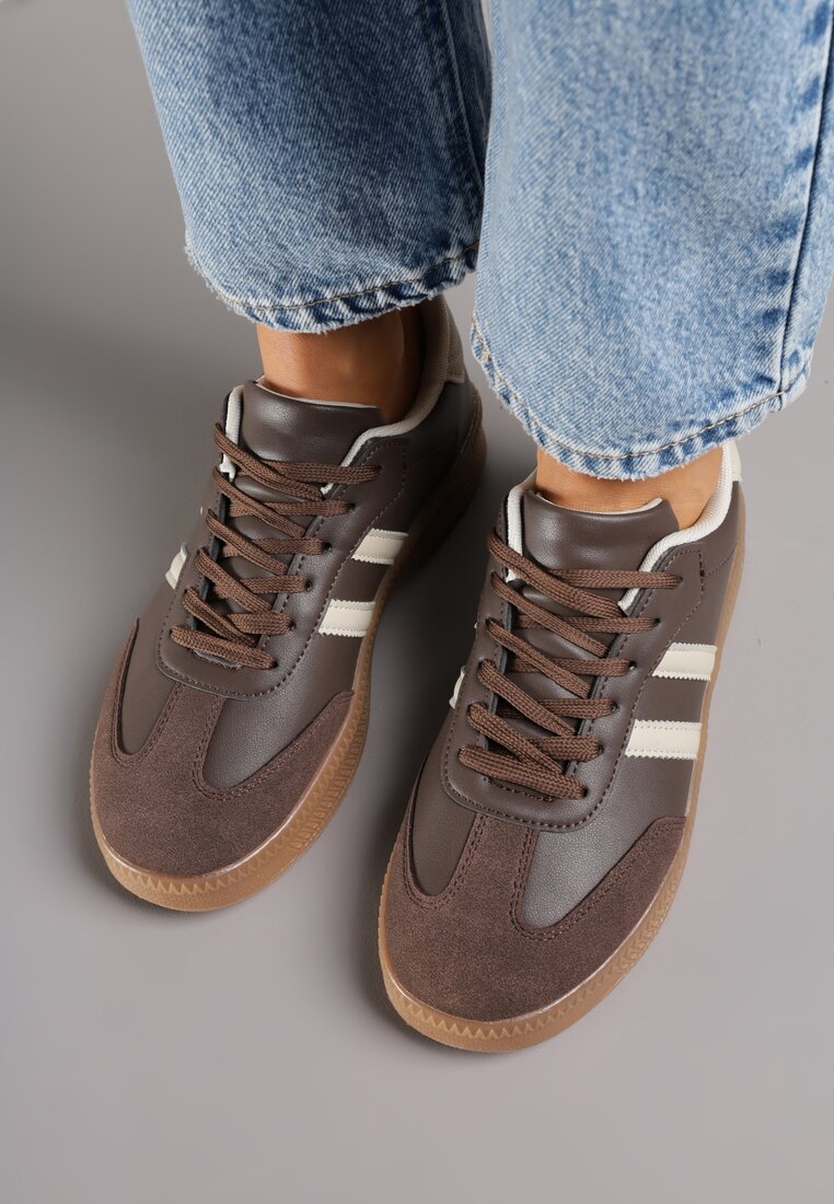 Brązowe Sneakersy na Niskiej Platformie z Paskami na Boku Mevalin