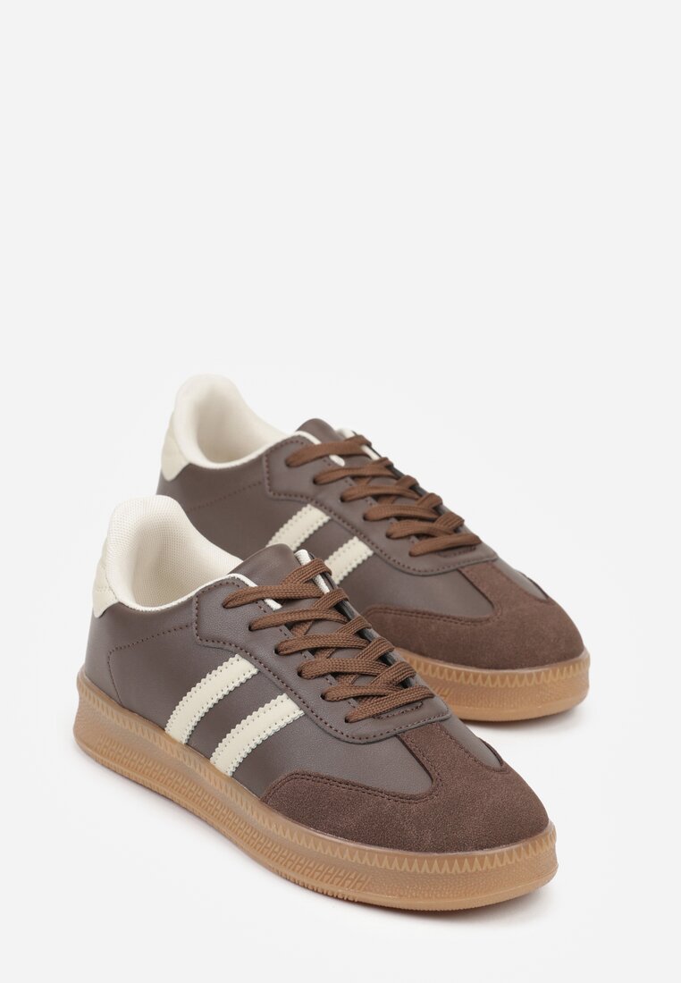 Brązowe Sneakersy na Niskiej Platformie z Paskami na Boku Mevalin