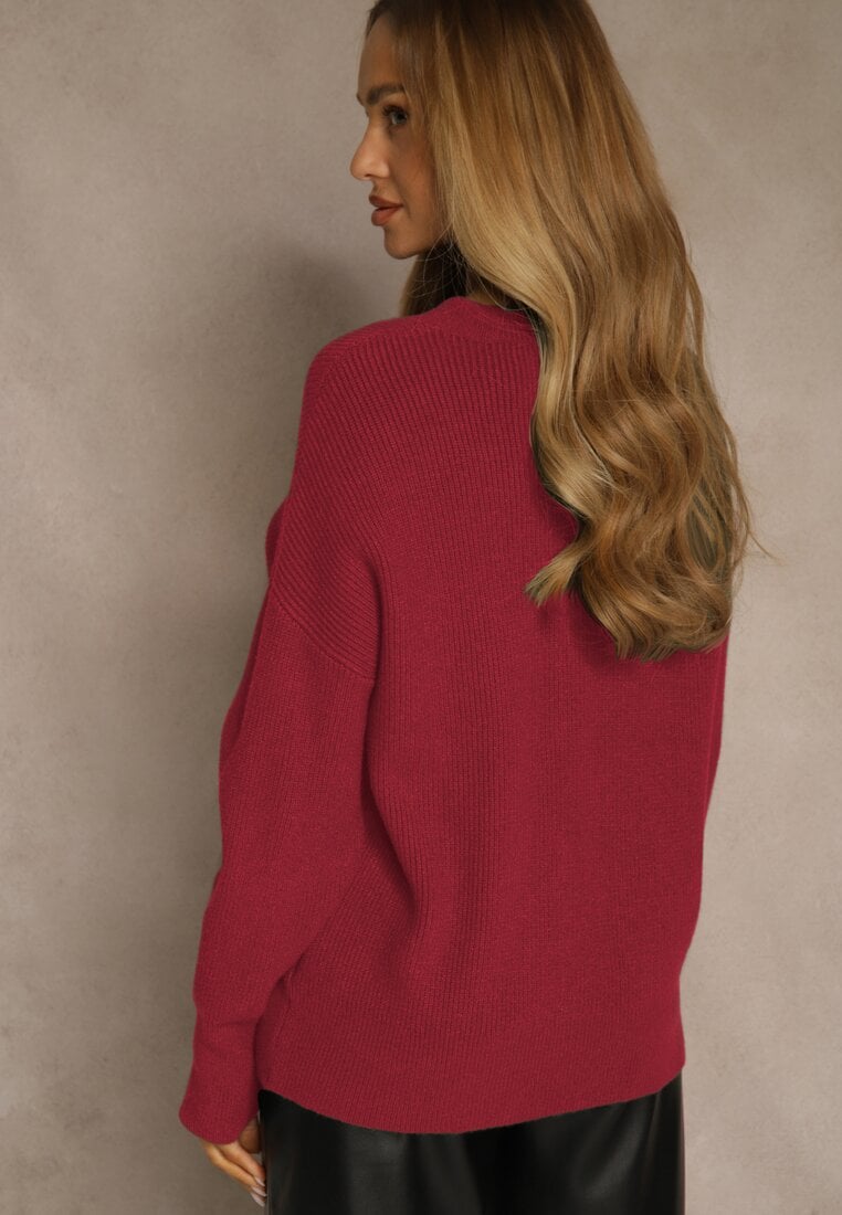 Bordowy Sweter z Dodatkiem Kaszmiru i Trójkątnym Dekoltem Silefera