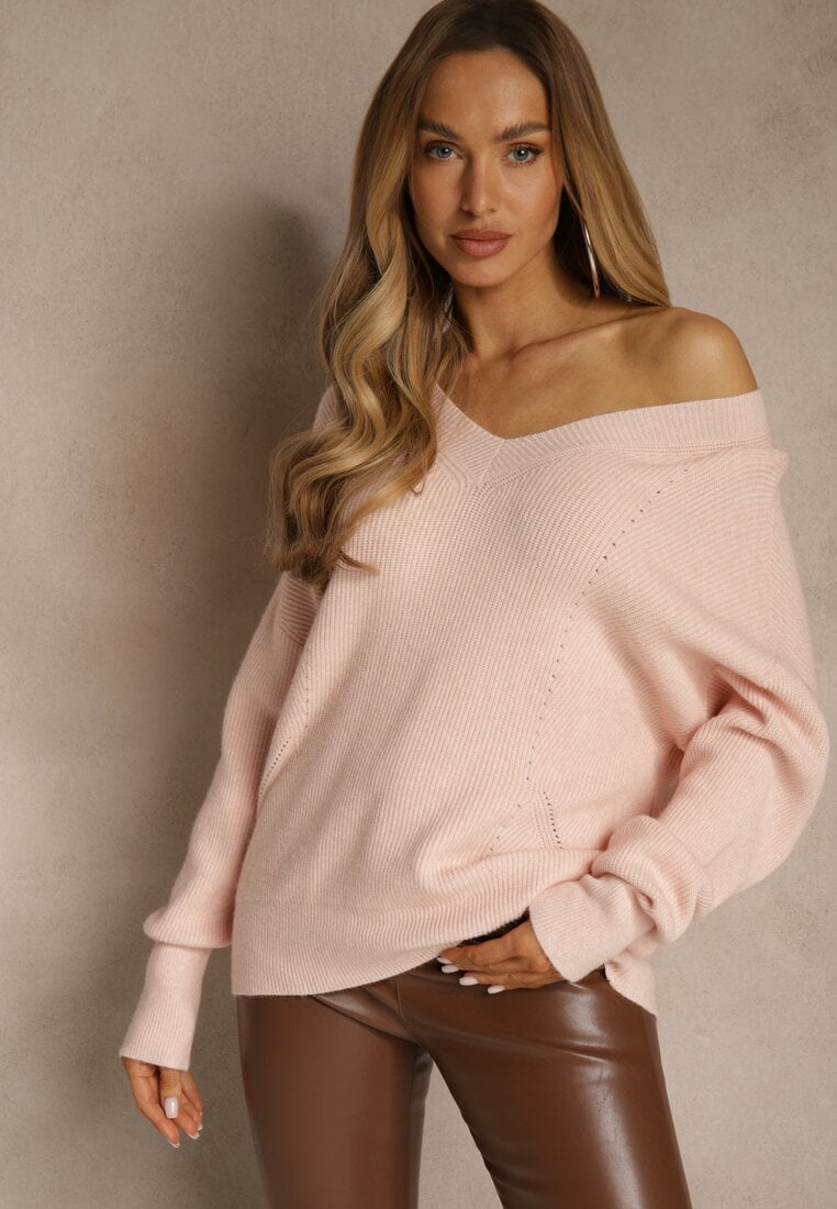 Jasnoróżowy Sweter z Dodatkiem Kaszmiru i Trójkątnym Dekoltem Silefera