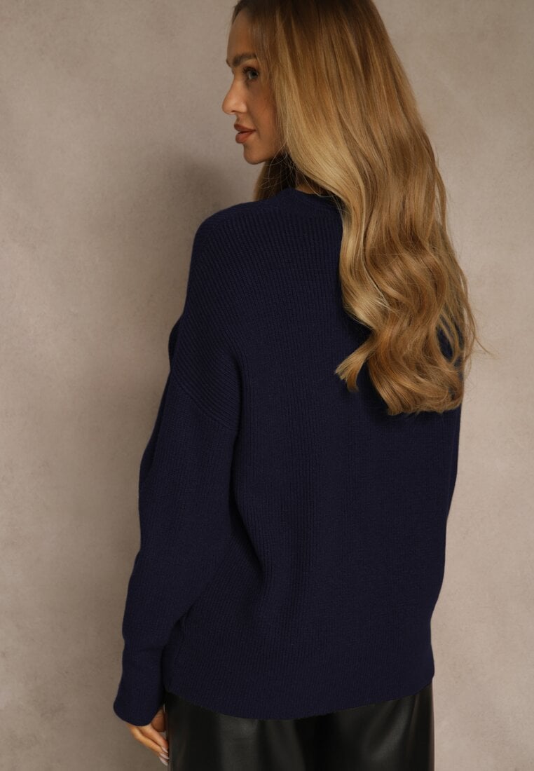 Granatowy Sweter z Dodatkiem Kaszmiru i Trójkątnym Dekoltem Silefera