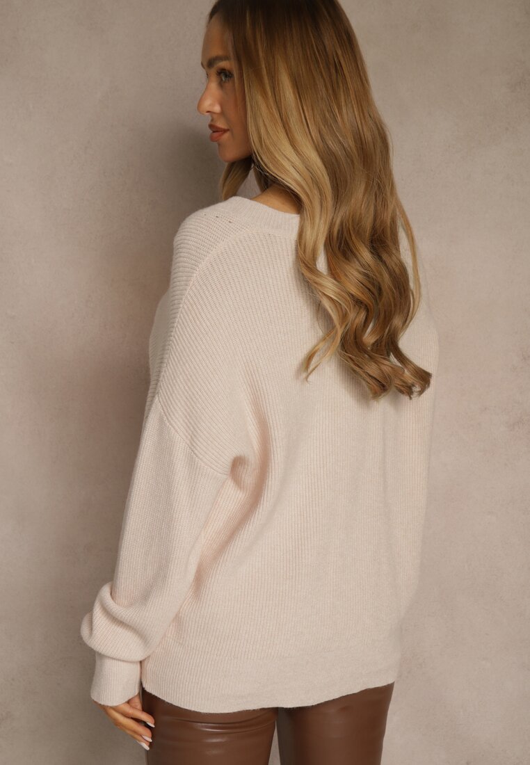 Beżowy Sweter z Dodatkiem Kaszmiru i Trójkątnym Dekoltem Silefera