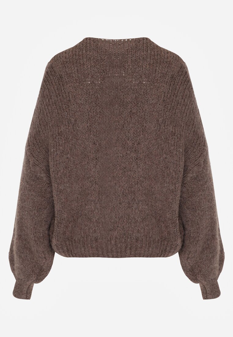 Jasnobrązowy Kardigan z Wełną o Kroju Oversize z Wiązanymi Kokardami Elearina