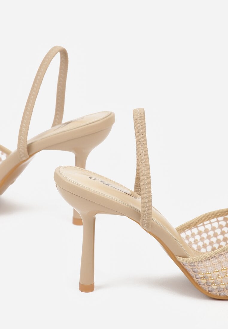 Ciemnobeżowe Sandały na Szpilce z Siateczkowym Noskiem z Aplikacją z Perełek Aurifera