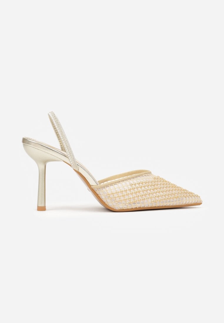 Złote Sandały na Szpilce z Siateczkowym Noskiem z Aplikacją z Perełek Aurifera