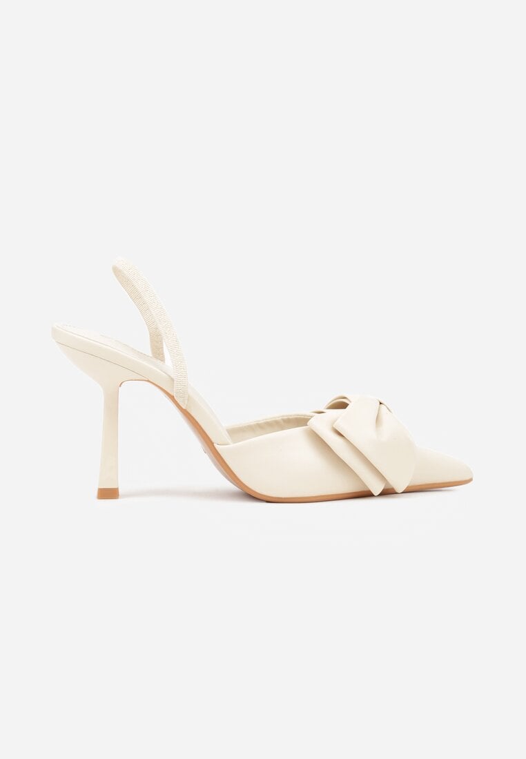 Beżowe Sandały na Szpilce Slingback Ozdobione Kokardą Terrafera