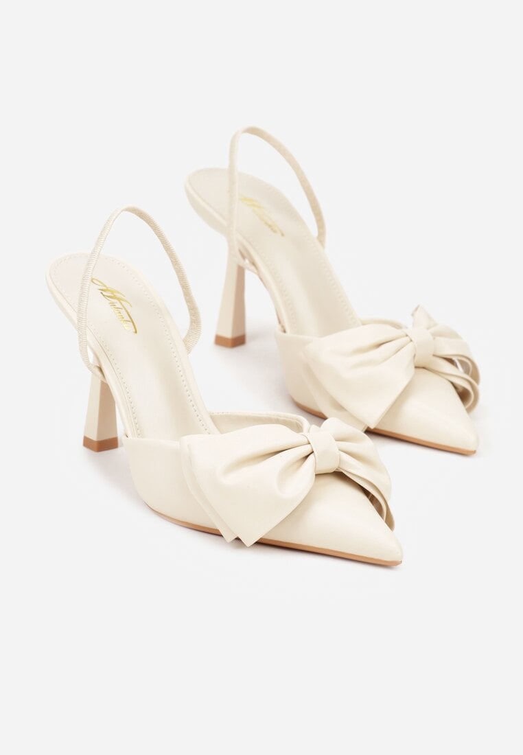 Beżowe Sandały na Szpilce Slingback Ozdobione Kokardą Terrafera