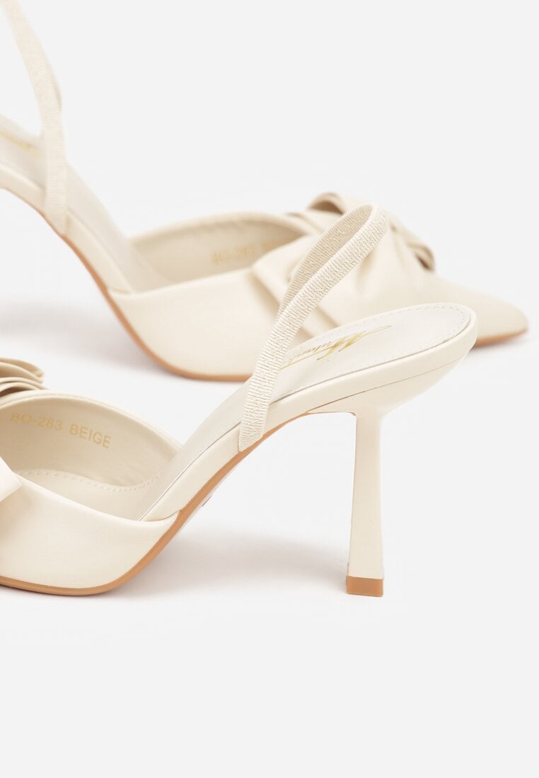 Beżowe Sandały na Szpilce Slingback Ozdobione Kokardą Terrafera