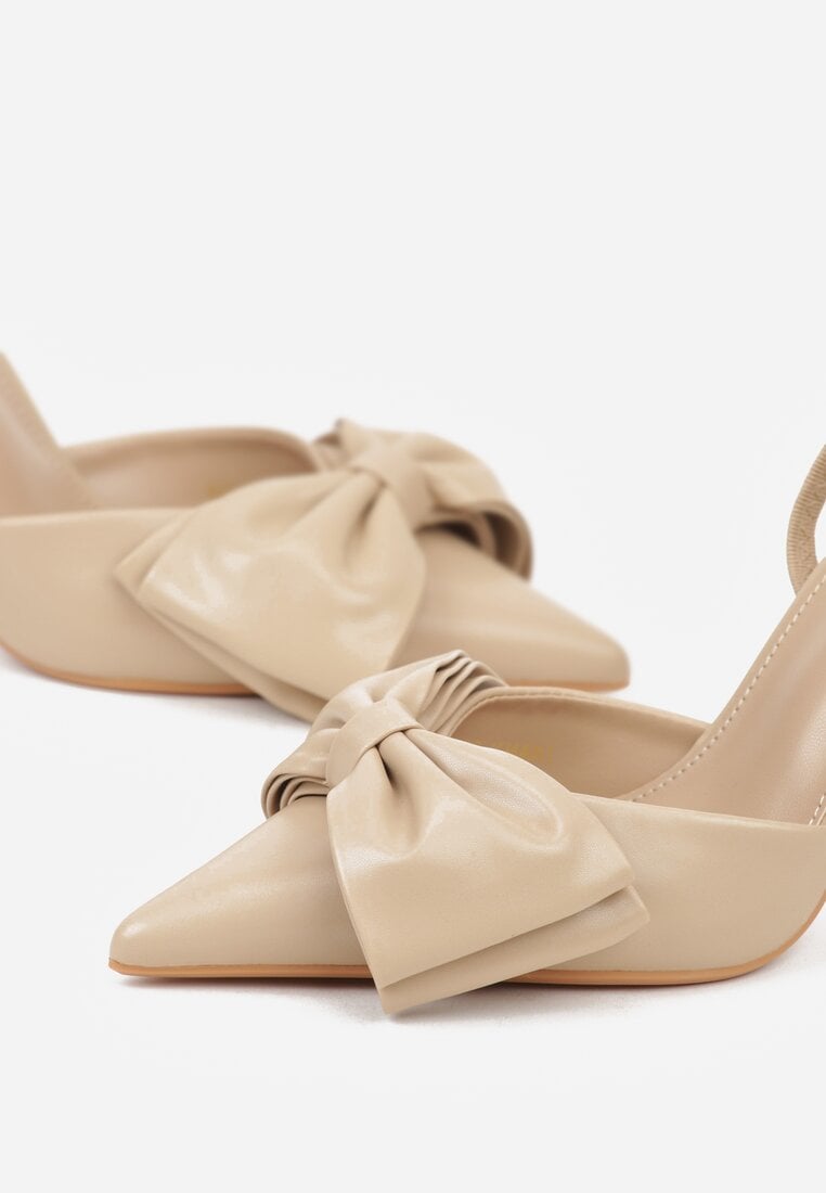 Ciemnobeżowe Sandały na Szpilce Slingback Ozdobione Kokardą Terrafera