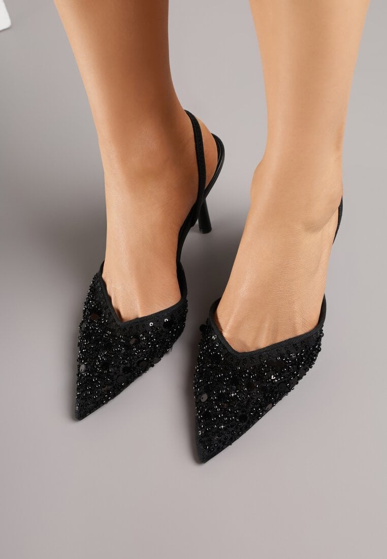 Czarne Szpilki Slingback Zdobione Perełkami i Cekinami Irifera