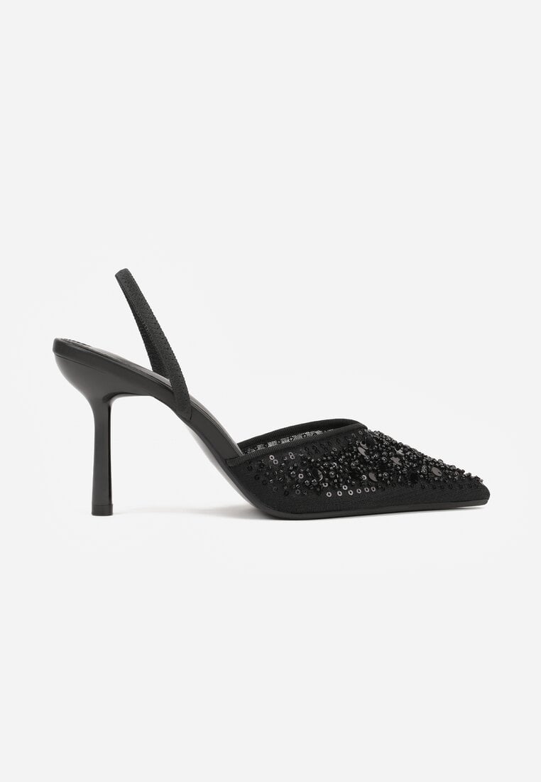 Czarne Szpilki Slingback Zdobione Perełkami i Cekinami Irifera