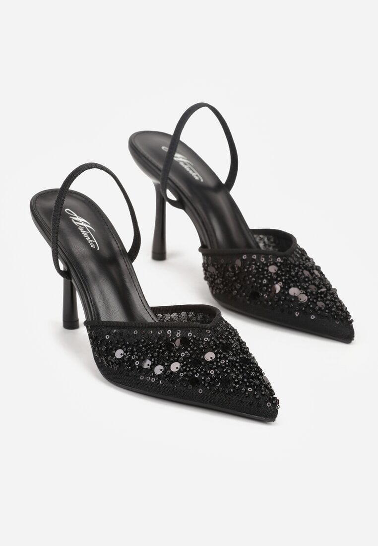 Czarne Szpilki Slingback Zdobione Perełkami i Cekinami Irifera