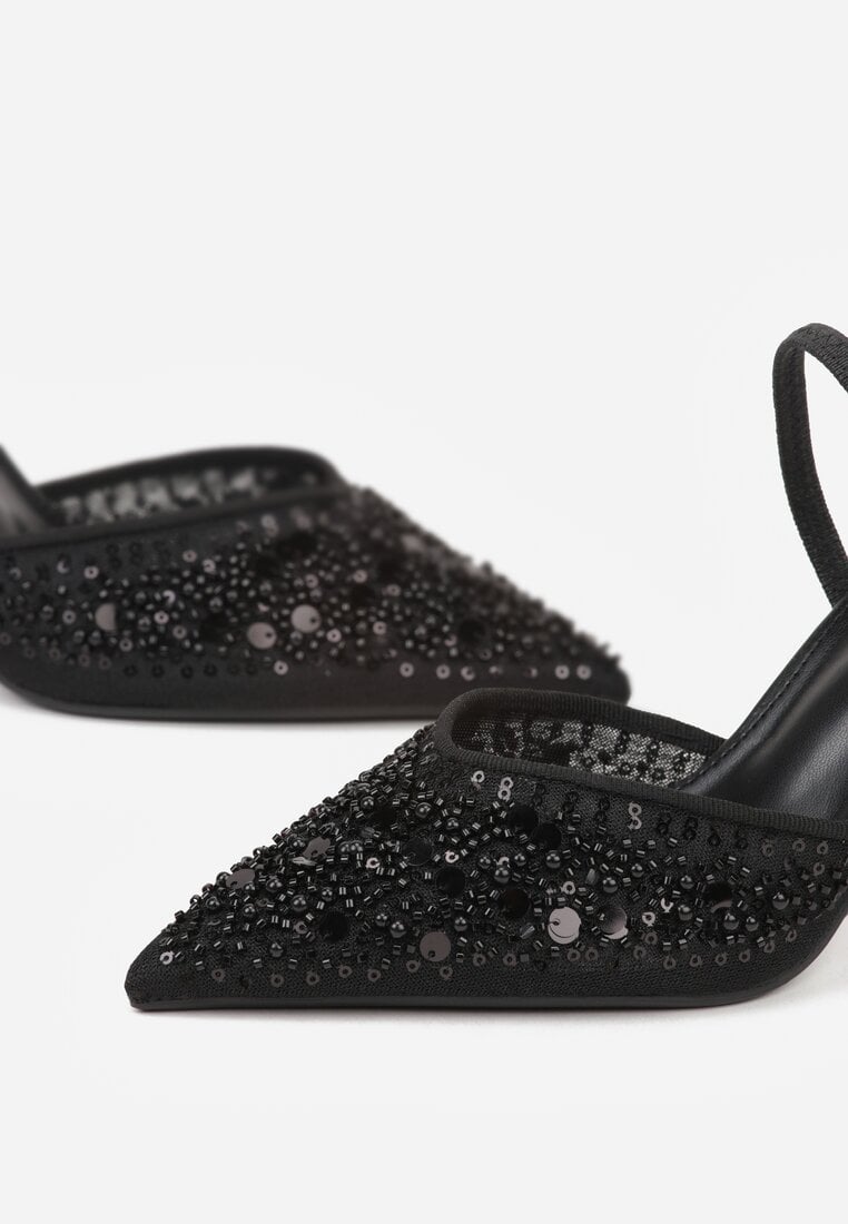 Czarne Szpilki Slingback Zdobione Perełkami i Cekinami Irifera