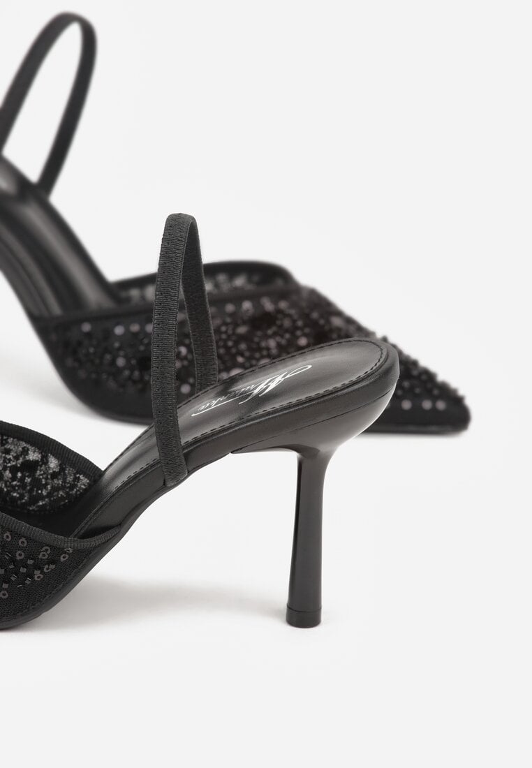Czarne Szpilki Slingback Zdobione Perełkami i Cekinami Irifera