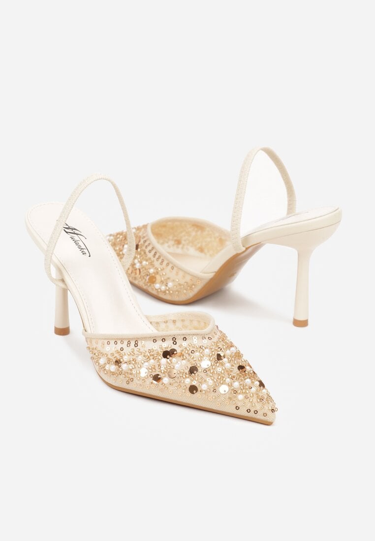 Beżowe Szpilki Slingback Zdobione Perełkami i Cekinami Irifera