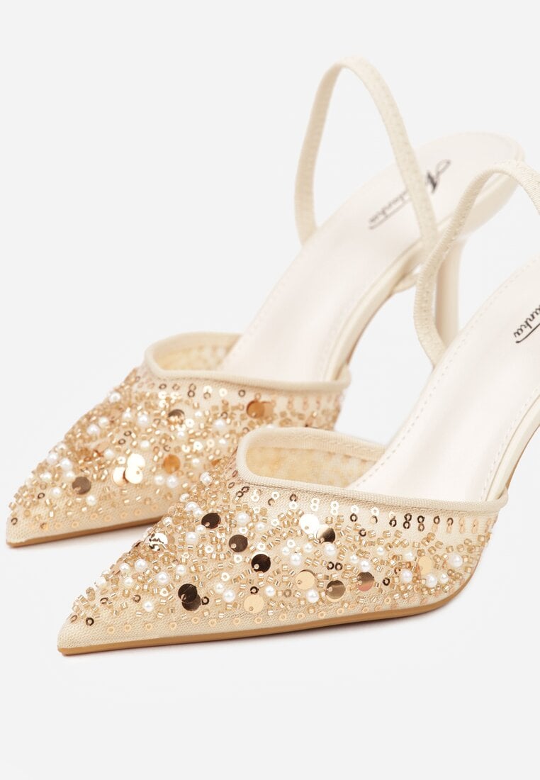 Beżowe Szpilki Slingback Zdobione Perełkami i Cekinami Irifera