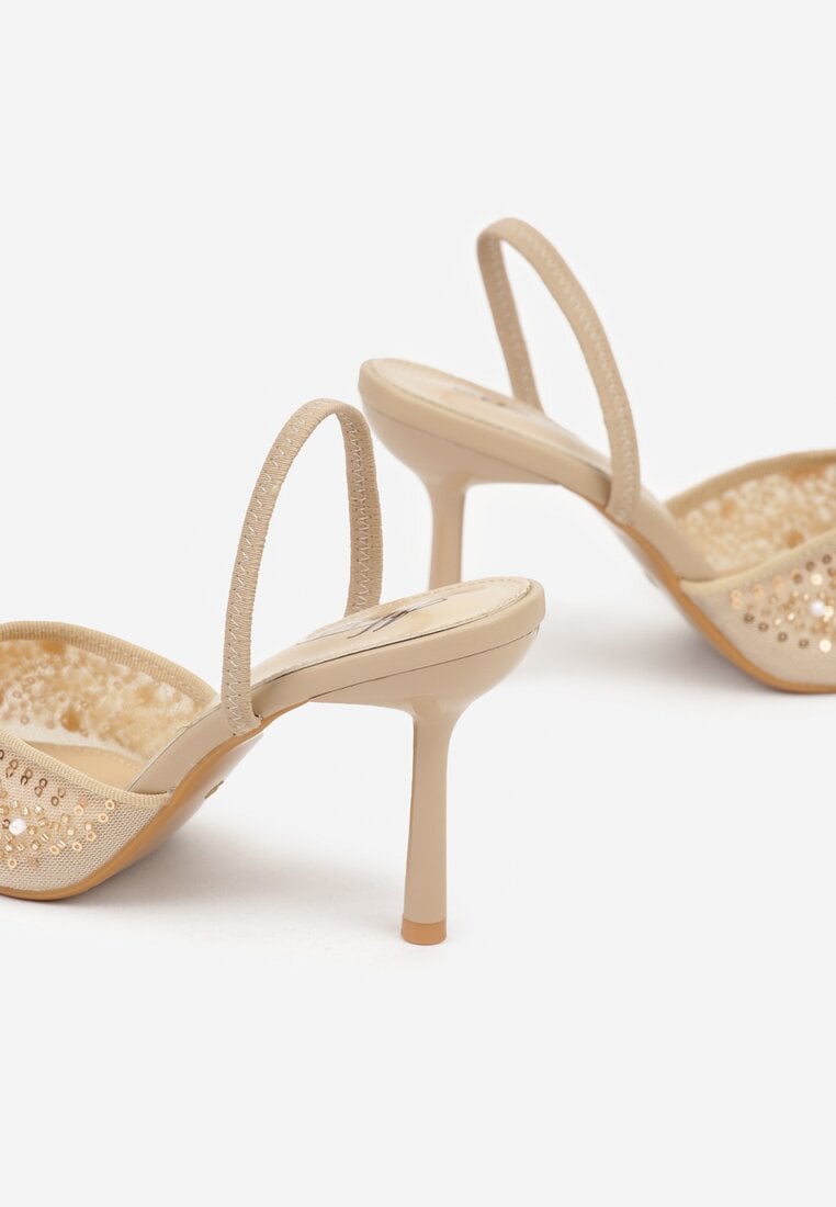 Ciemnobeżowe Szpilki Slingback Zdobione Perełkami i Cekinami Irifera