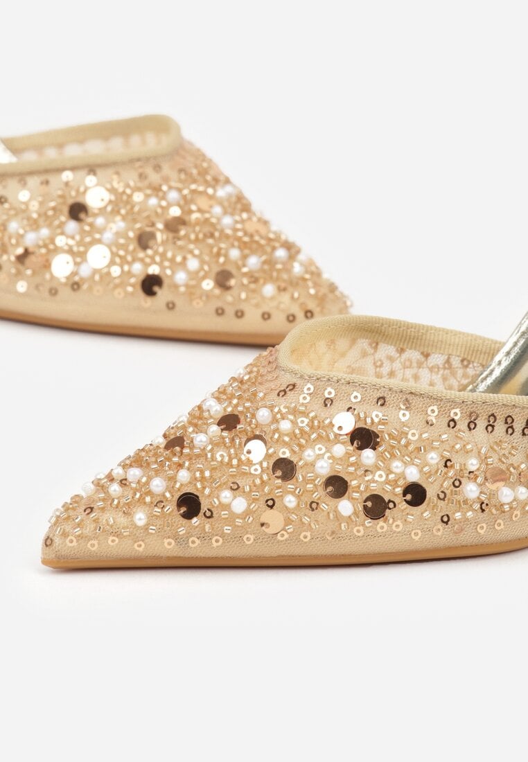 Złote Szpilki Slingback Zdobione Perełkami i Cekinami Irifera