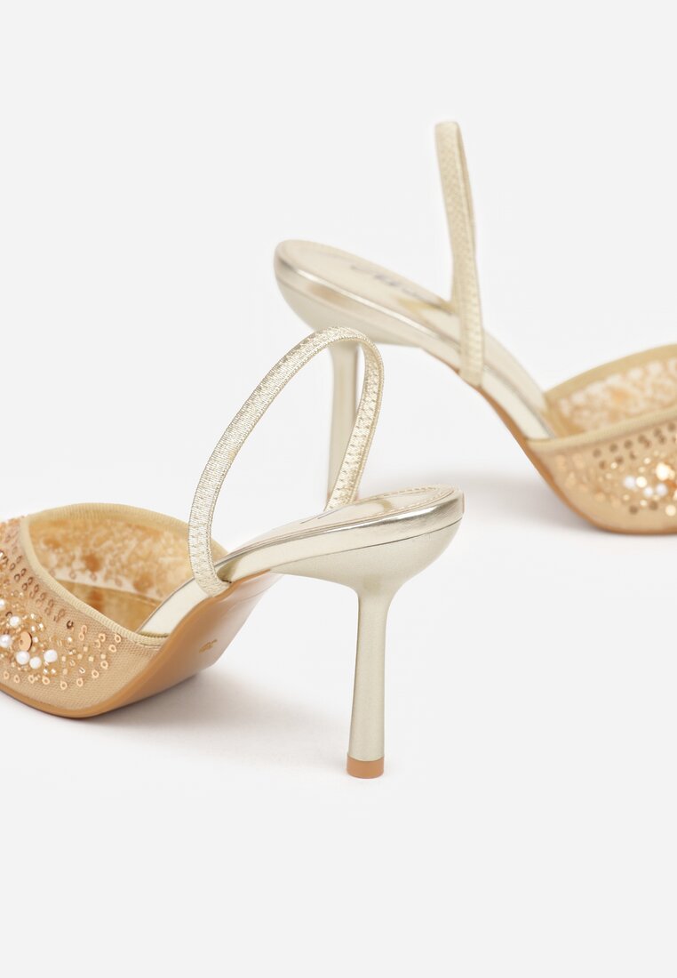Złote Szpilki Slingback Zdobione Perełkami i Cekinami Irifera