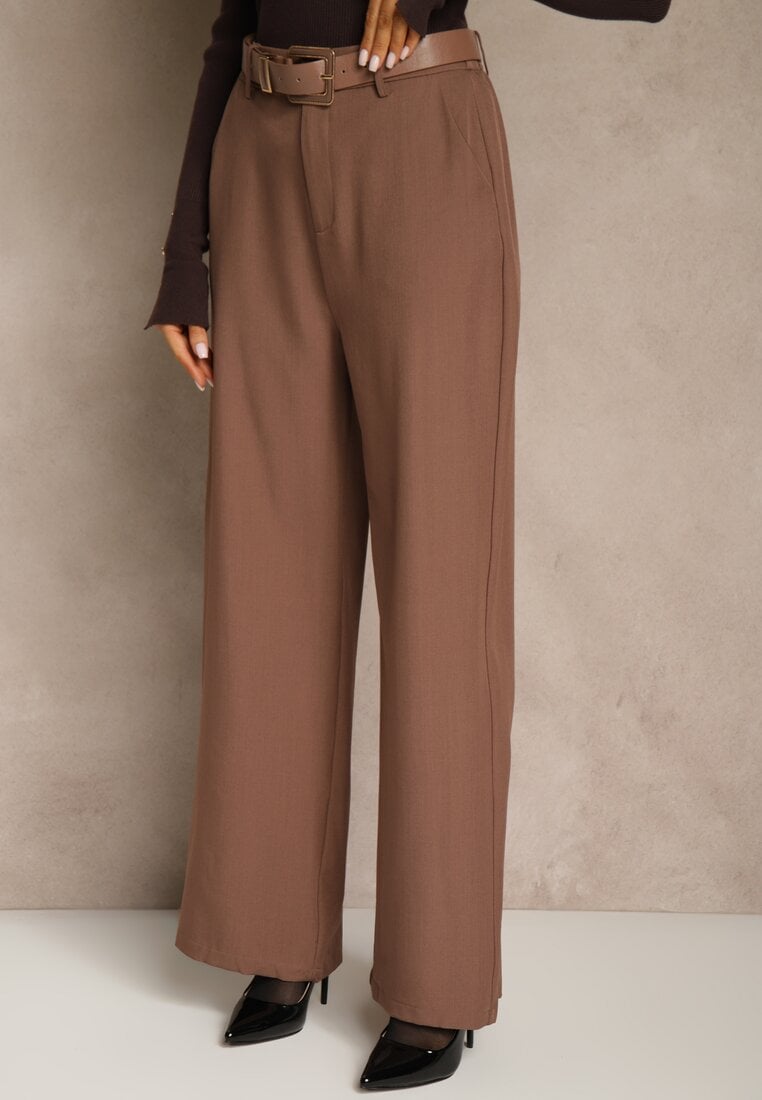 Brązowe Szerokie Spodnie Garniturowe z Wysokim Stanem i Paskiem z Klamrą Fevelira