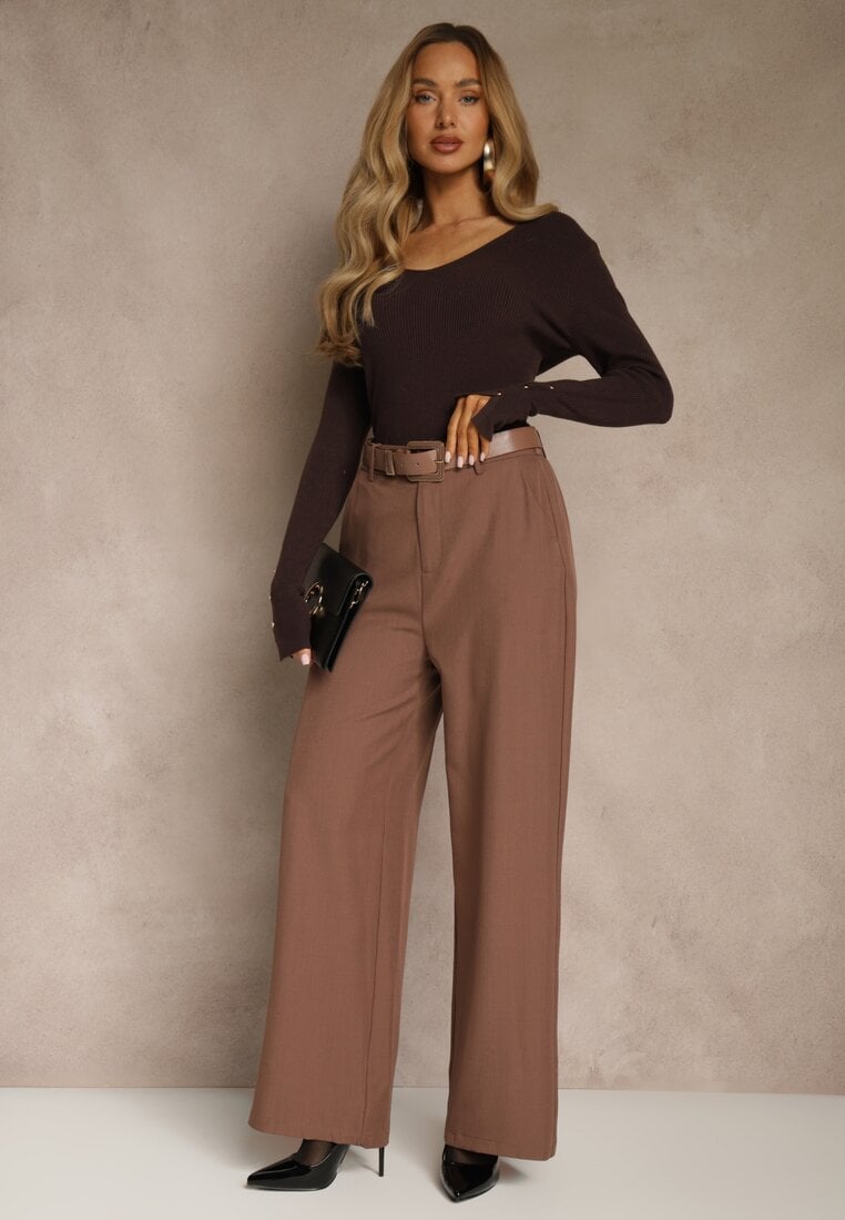 Brązowe Szerokie Spodnie Garniturowe z Wysokim Stanem i Paskiem z Klamrą Fevelira
