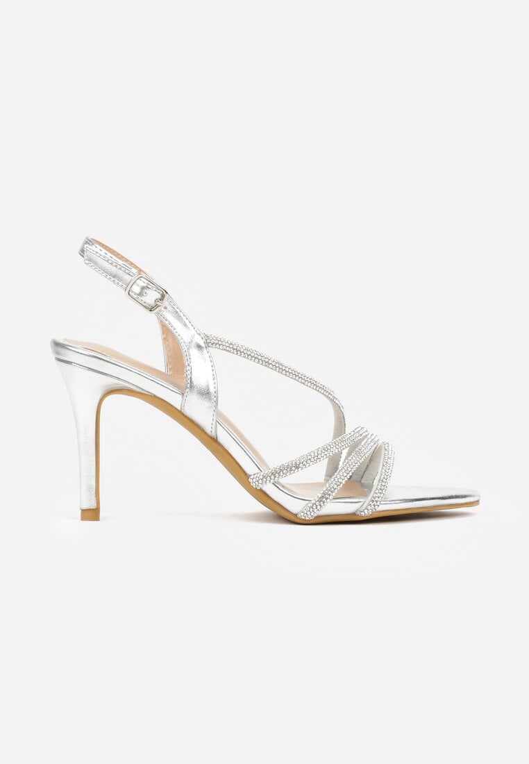 Srebrne Cyrkoniowe Sandały na Obcasie Typu Szpilka Kalefera