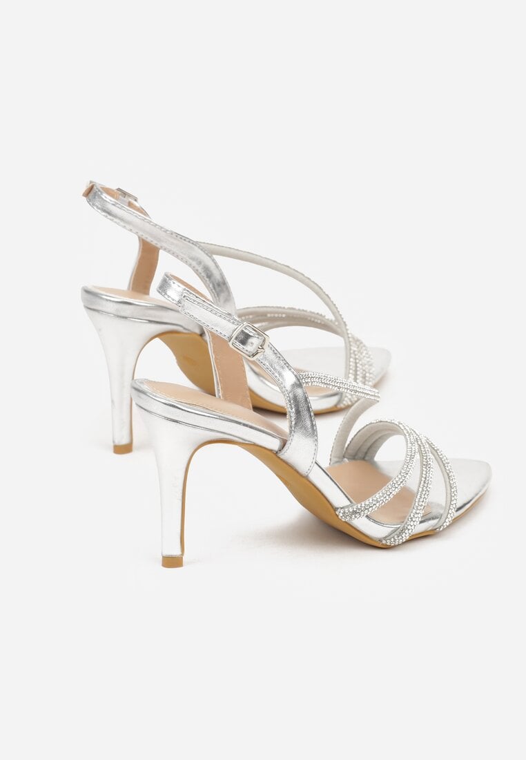 Srebrne Cyrkoniowe Sandały na Obcasie Typu Szpilka Kalefera